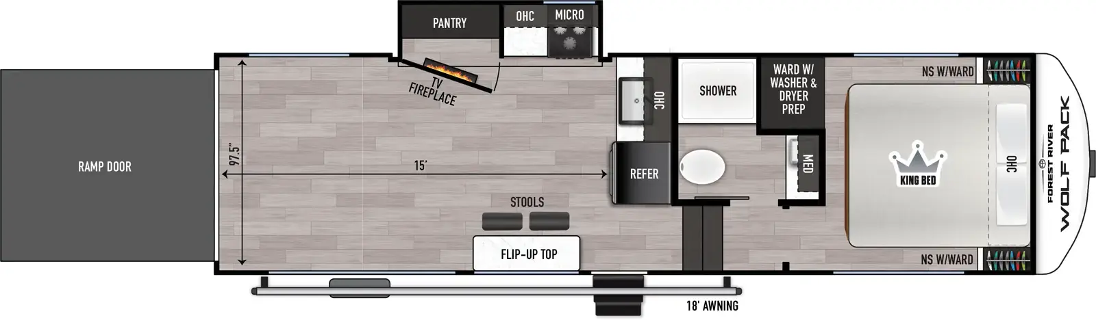 The Wolf Pack 275PACK15 floorplan is a toy hauler that has one entry and one slide out. Exterior features include: fiberglass exterior and 18' awning. Interiors features include: front bedroom.